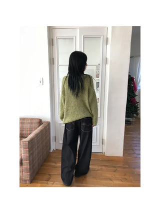 Check wool non-faded wide jeans