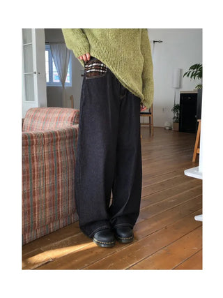 Check wool non-faded wide jeans