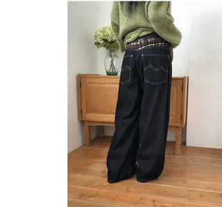 Check wool non-faded wide jeans