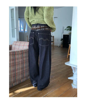 Check wool non-faded wide jeans
