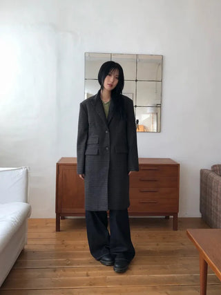 Check wool non-faded wide jeans