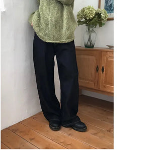 Check wool non-faded wide jeans