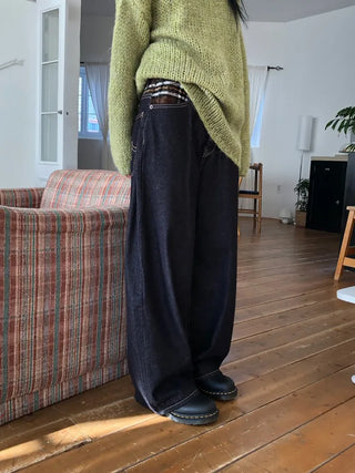 Check wool non-faded wide jeans