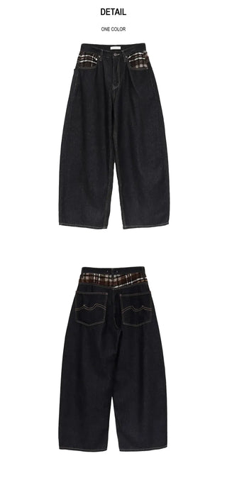 Check wool non-faded wide jeans