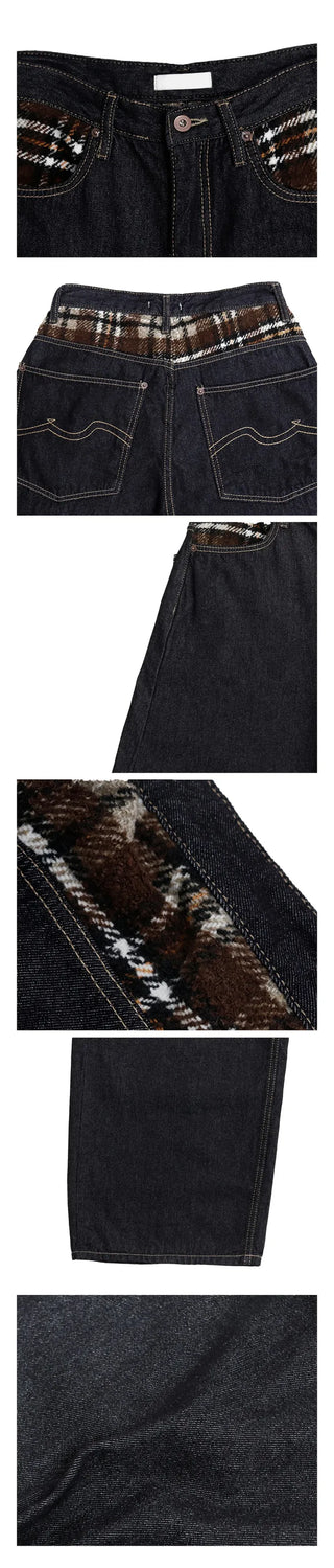 Check wool non-faded wide jeans