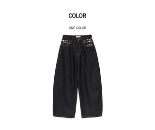 Check wool non-faded wide jeans