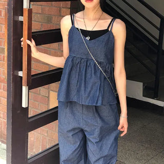 Raw Denim Frill Sleeveless Bustier and Elastic Wide Pants Two-Piece Set