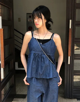 Raw Denim Frill Sleeveless Bustier and Elastic Wide Pants Two-Piece Set