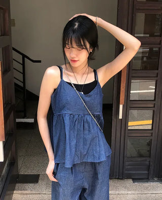 Raw Denim Frill Sleeveless Bustier and Elastic Wide Pants Two-Piece Set