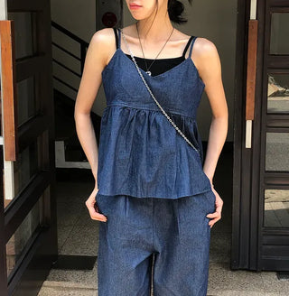 Raw Denim Frill Sleeveless Bustier and Elastic Wide Pants Two-Piece Set