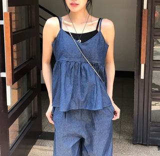 Raw Denim Frill Sleeveless Bustier and Elastic Wide Pants Two-Piece Set