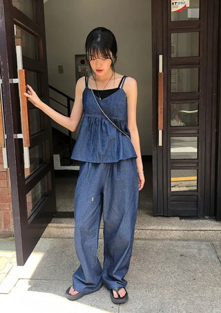 Raw Denim Frill Sleeveless Bustier and Elastic Wide Pants Two-Piece Set