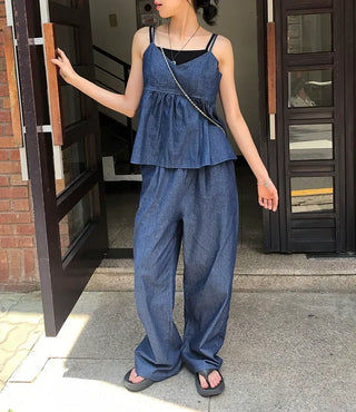 Raw Denim Frill Sleeveless Bustier and Elastic Wide Pants Two-Piece Set