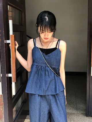 Raw Denim Frill Sleeveless Bustier and Elastic Wide Pants Two-Piece Set