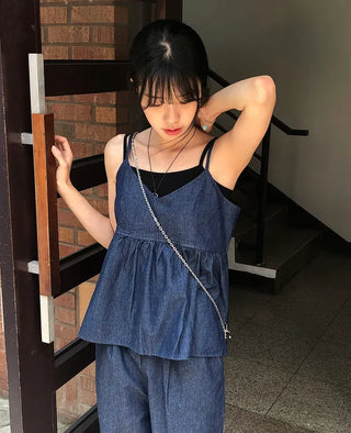 Raw Denim Frill Sleeveless Bustier and Elastic Wide Pants Two-Piece Set