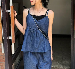 Raw Denim Frill Sleeveless Bustier and Elastic Wide Pants Two-Piece Set