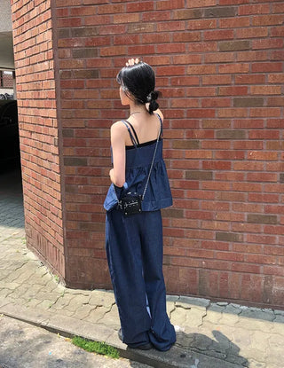 Raw Denim Frill Sleeveless Bustier and Elastic Wide Pants Two-Piece Set