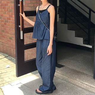 Raw Denim Frill Sleeveless Bustier and Elastic Wide Pants Two-Piece Set