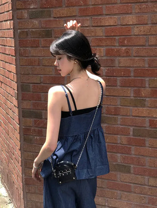 Raw Denim Frill Sleeveless Bustier and Elastic Wide Pants Two-Piece Set