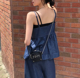 Raw Denim Frill Sleeveless Bustier and Elastic Wide Pants Two-Piece Set