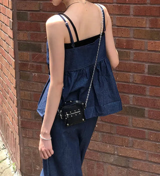 Raw Denim Frill Sleeveless Bustier and Elastic Wide Pants Two-Piece Set