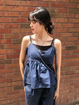 Raw Denim Frill Sleeveless Bustier and Elastic Wide Pants Two-Piece Set