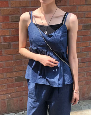Raw Denim Frill Sleeveless Bustier and Elastic Wide Pants Two-Piece Set