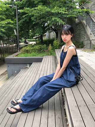 Raw Denim Frill Sleeveless Bustier and Elastic Wide Pants Two-Piece Set