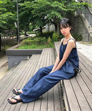 Raw Denim Frill Sleeveless Bustier and Elastic Wide Pants Two-Piece Set