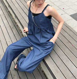 Raw Denim Frill Sleeveless Bustier and Elastic Wide Pants Two-Piece Set