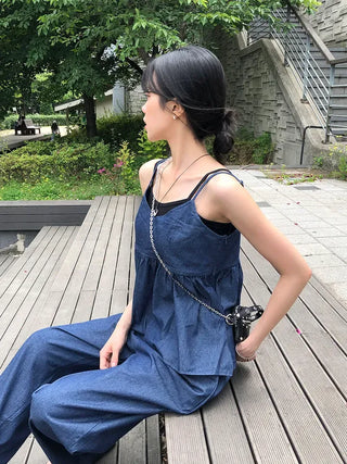 Raw Denim Frill Sleeveless Bustier and Elastic Wide Pants Two-Piece Set