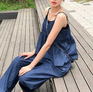 Raw Denim Frill Sleeveless Bustier and Elastic Wide Pants Two-Piece Set