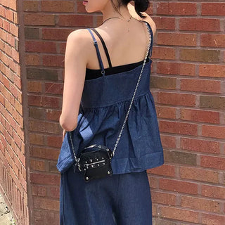 Raw Denim Frill Sleeveless Bustier and Elastic Wide Pants Two-Piece Set