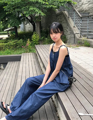 Raw Denim Frill Sleeveless Bustier and Elastic Wide Pants Two-Piece Set