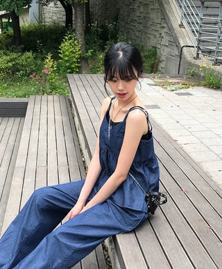 Raw Denim Frill Sleeveless Bustier and Elastic Wide Pants Two-Piece Set