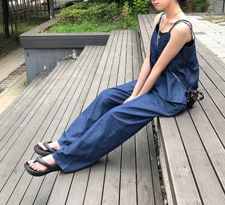 Raw Denim Frill Sleeveless Bustier and Elastic Wide Pants Two-Piece Set