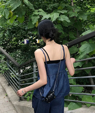 Raw Denim Frill Sleeveless Bustier and Elastic Wide Pants Two-Piece Set