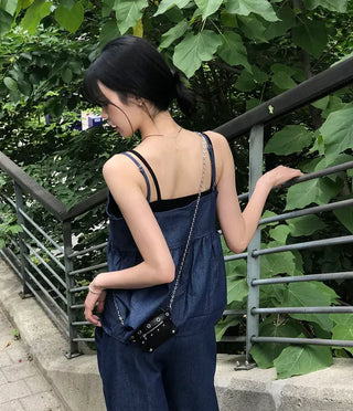 Raw Denim Frill Sleeveless Bustier and Elastic Wide Pants Two-Piece Set
