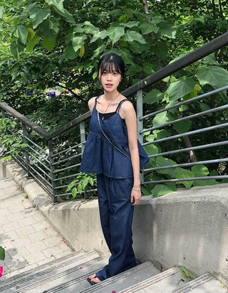 Raw Denim Frill Sleeveless Bustier and Elastic Wide Pants Two-Piece Set