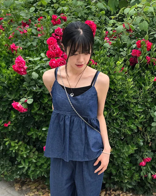 Raw Denim Frill Sleeveless Bustier and Elastic Wide Pants Two-Piece Set