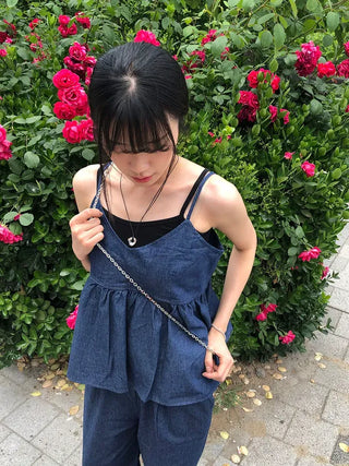 Raw Denim Frill Sleeveless Bustier and Elastic Wide Pants Two-Piece Set