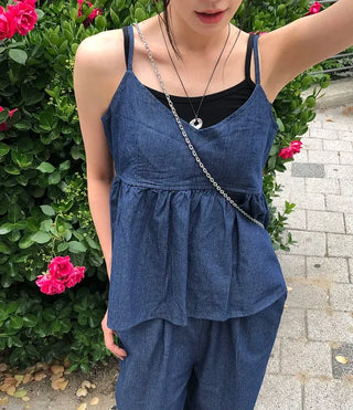 Raw Denim Frill Sleeveless Bustier and Elastic Wide Pants Two-Piece Set
