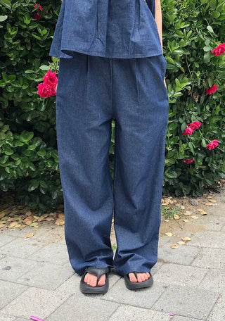 Raw Denim Frill Sleeveless Bustier and Elastic Wide Pants Two-Piece Set