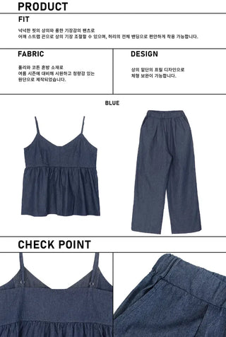 Raw Denim Frill Sleeveless Bustier and Elastic Wide Pants Two-Piece Set