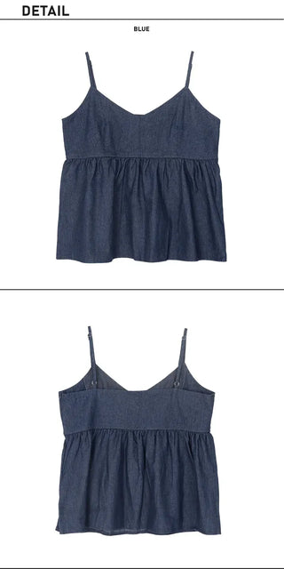 Raw Denim Frill Sleeveless Bustier and Elastic Wide Pants Two-Piece Set