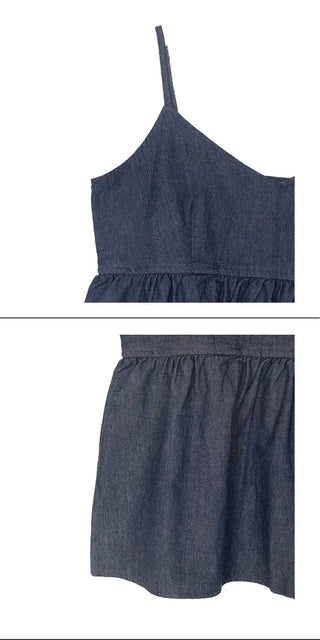 Raw Denim Frill Sleeveless Bustier and Elastic Wide Pants Two-Piece Set