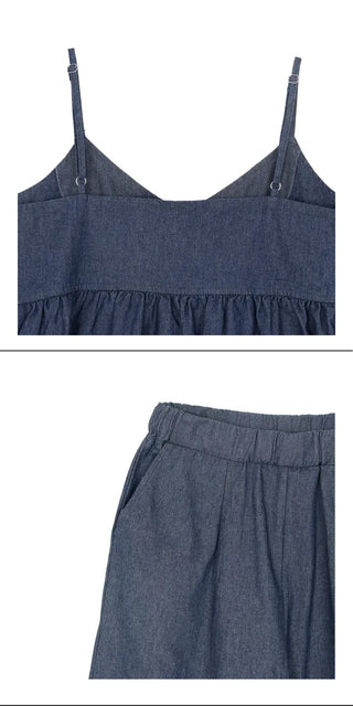 Raw Denim Frill Sleeveless Bustier and Elastic Wide Pants Two-Piece Set
