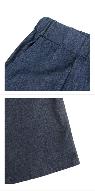 Raw Denim Frill Sleeveless Bustier and Elastic Wide Pants Two-Piece Set