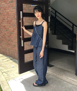 Raw Denim Frill Sleeveless Bustier and Elastic Wide Pants Two-Piece Set
