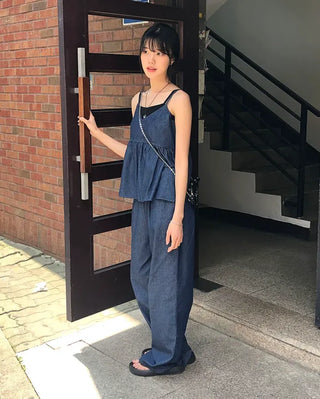 Raw Denim Frill Sleeveless Bustier and Elastic Wide Pants Two-Piece Set